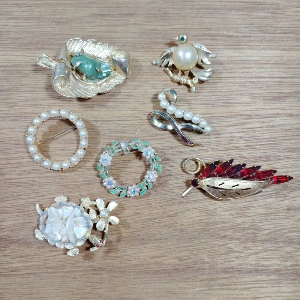 7 Vintage Floral Leaf Brooch Pins Metal Rhinestone Faux Pearl Multicolor Turtle